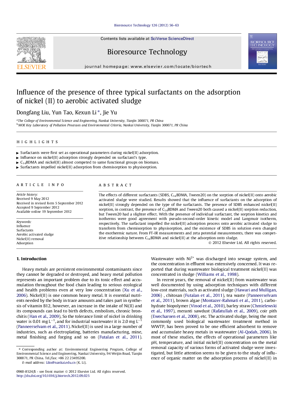 عکس صفحه اول مقاله: Influence of the presence of three typical surfactants on the adsorption of nickel (II) to aerobic activated sludge Influence of the presence of three typical surfactants on the adsorption of nickel (II) to aerobic activated sludge