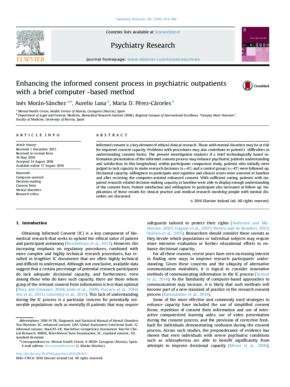 Enhancing the informed consent process in psychiatric outpatients with a brief computer-based method