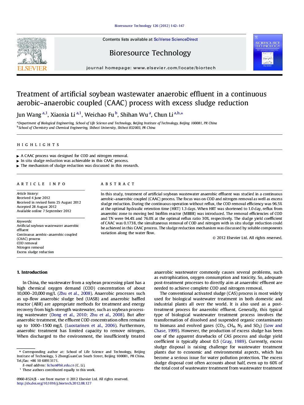 Treatment of artificial soybean wastewater anaerobic effluent in a continuous aerobic–anaerobic coupled (CAAC) process with excess sludge reduction