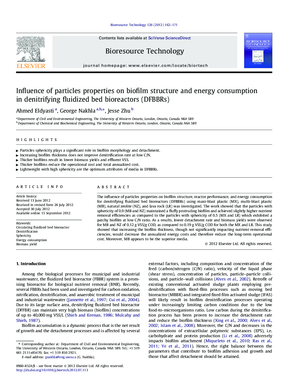 Influence of particles properties on biofilm structure and energy consumption in denitrifying fluidized bed bioreactors (DFBBRs)