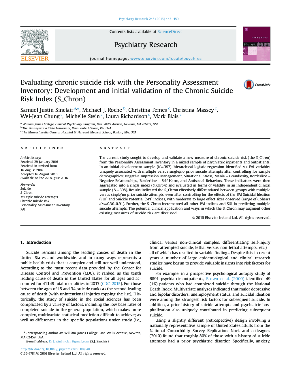 Evaluating chronic suicide risk with the Personality Assessment Inventory: Development and initial validation of the Chronic Suicide Risk Index (S_Chron)