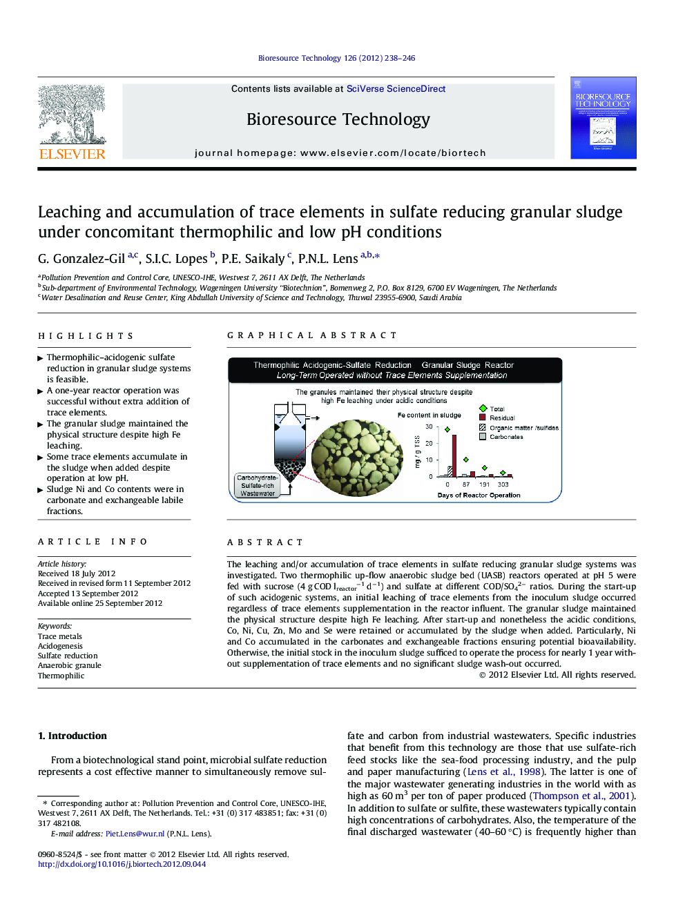 Leaching and accumulation of trace elements in sulfate reducing granular sludge under concomitant thermophilic and low pH conditions