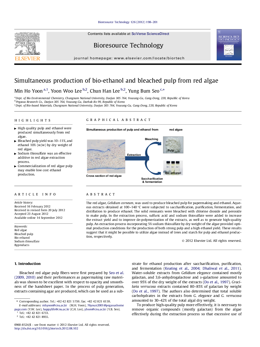 عکس صفحه اول مقاله: Simultaneous production of bio-ethanol and bleached pulp from red algae Simultaneous production of bio-ethanol and bleached pulp from red algae