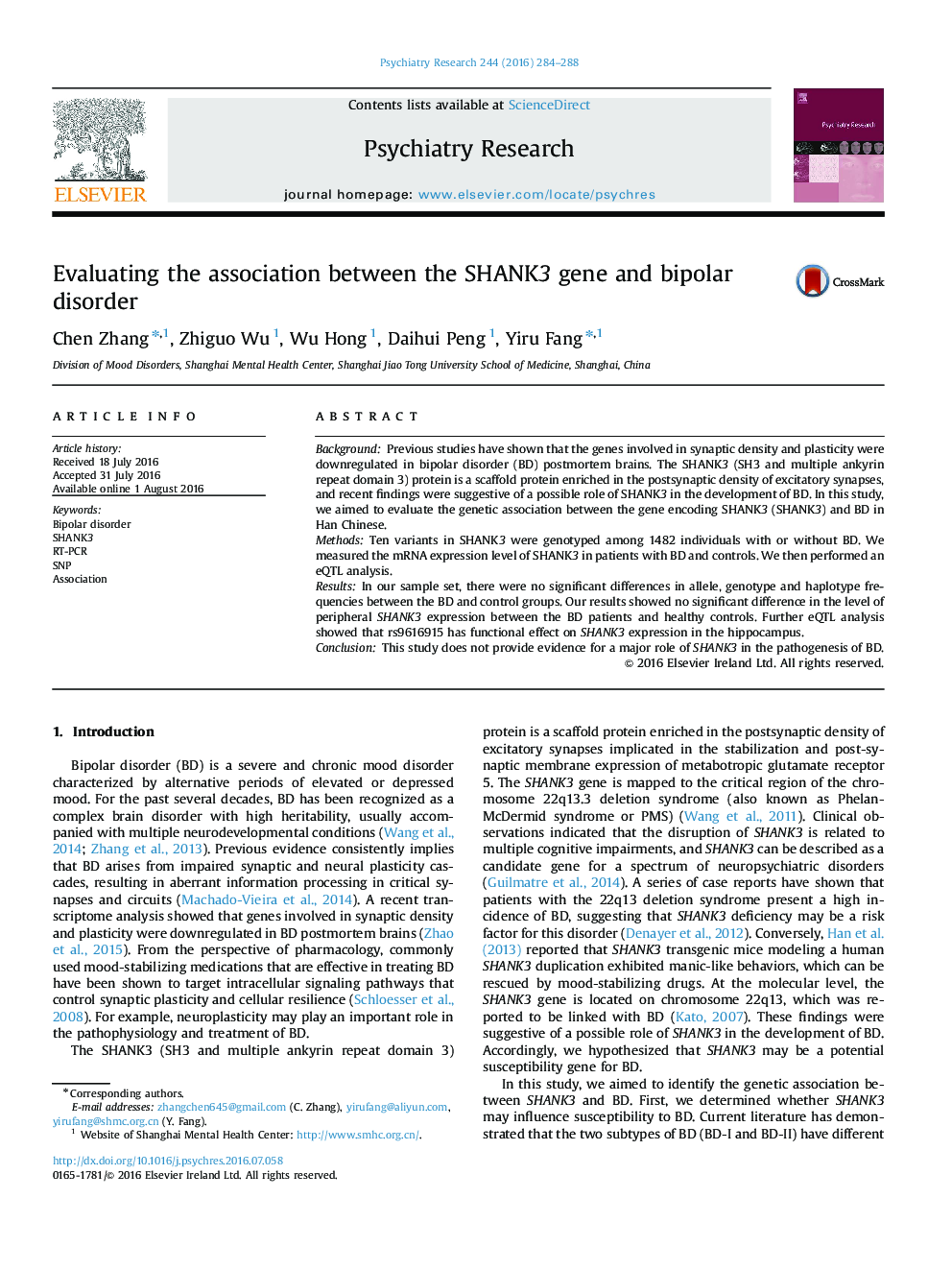 Evaluating the association between the SHANK3 gene and bipolar disorder