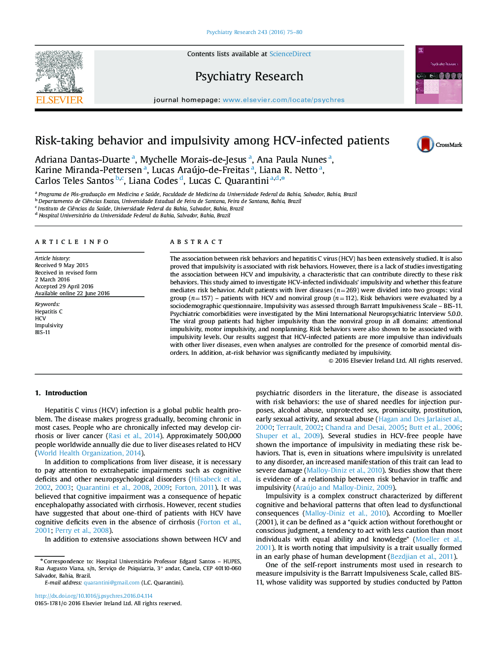 Risk-taking behavior and impulsivity among HCV-infected patients