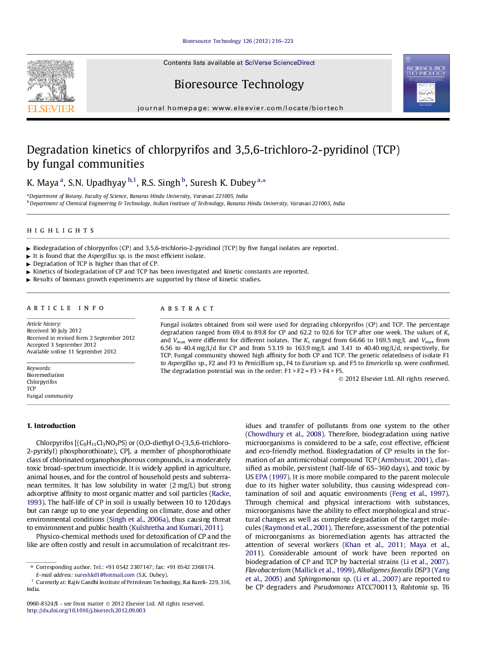 Degradation kinetics of chlorpyrifos and 3,5,6-trichloro-2-pyridinol (TCP) by fungal communities