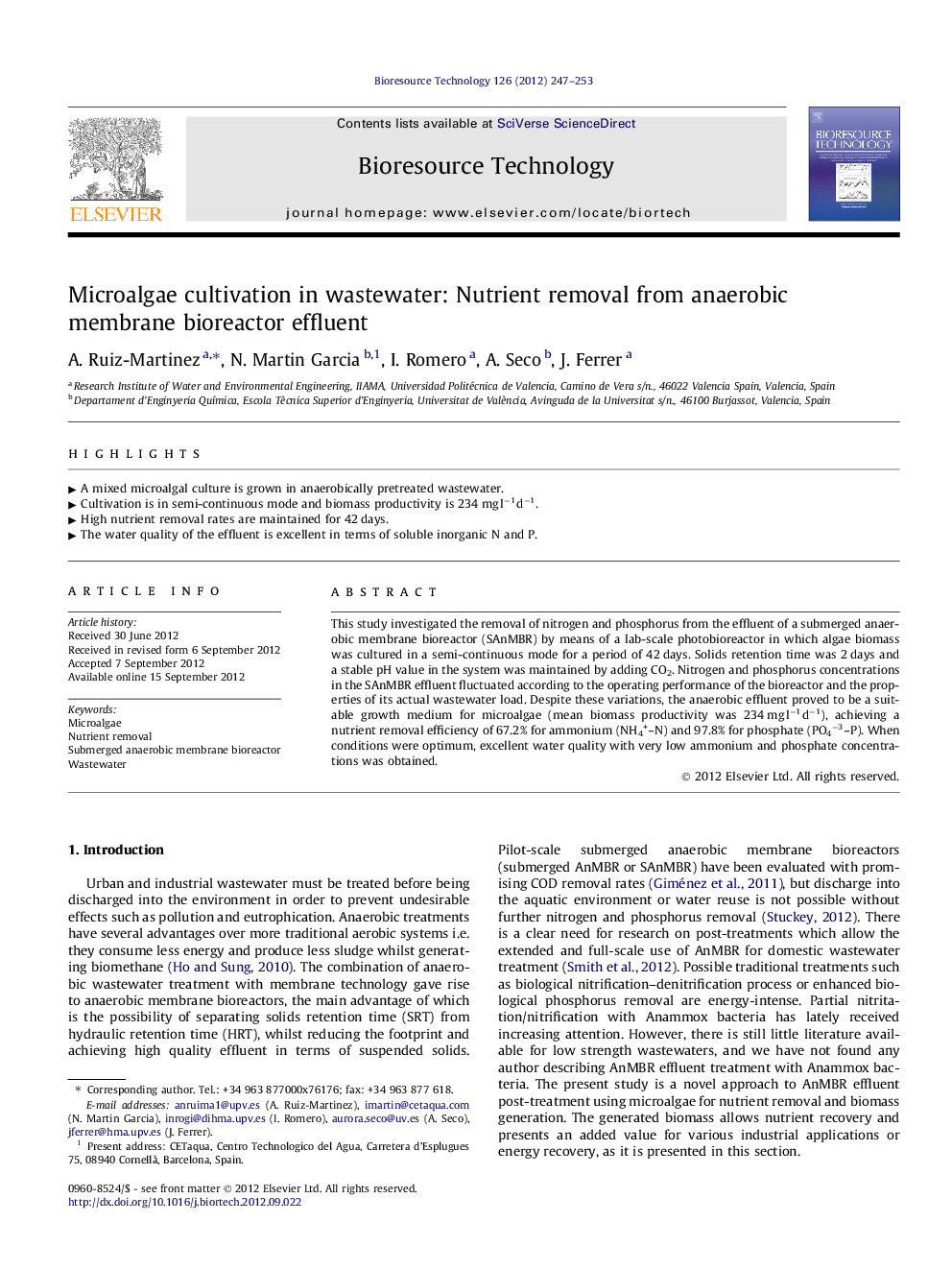 عکس صفحه اول مقاله: Microalgae cultivation in wastewater: Nutrient removal from anaerobic membrane bioreactor effluent Microalgae cultivation in wastewater: Nutrient removal from anaerobic membrane bioreactor effluent