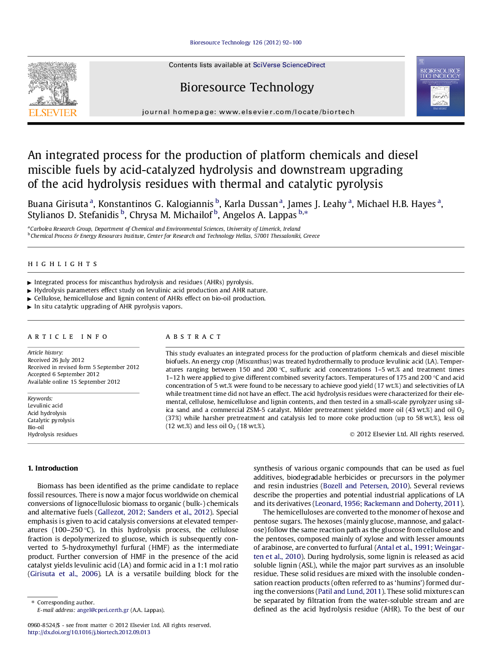 عکس صفحه اول مقاله: An integrated process for the production of platform chemicals and diesel miscible fuels by acid-catalyzed hydrolysis and downstream upgrading of the acid hydrolysis residues with thermal and catalytic pyrolysis An integrated process for the production of platform chemicals and diesel miscible fuels by acid-catalyzed hydrolysis and downstream upgrading of the acid hydrolysis residues with thermal and catalytic pyrolysis
