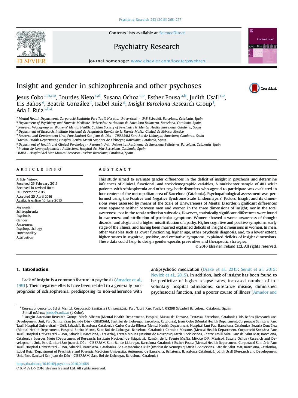 Insight and gender in schizophrenia and other psychoses