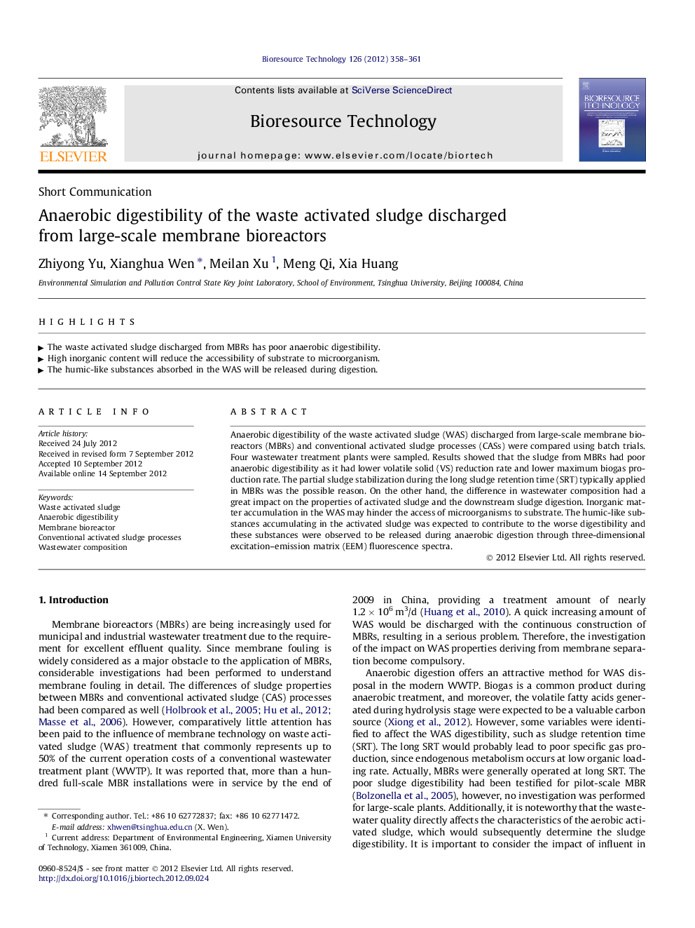 Anaerobic digestibility of the waste activated sludge discharged from large-scale membrane bioreactors