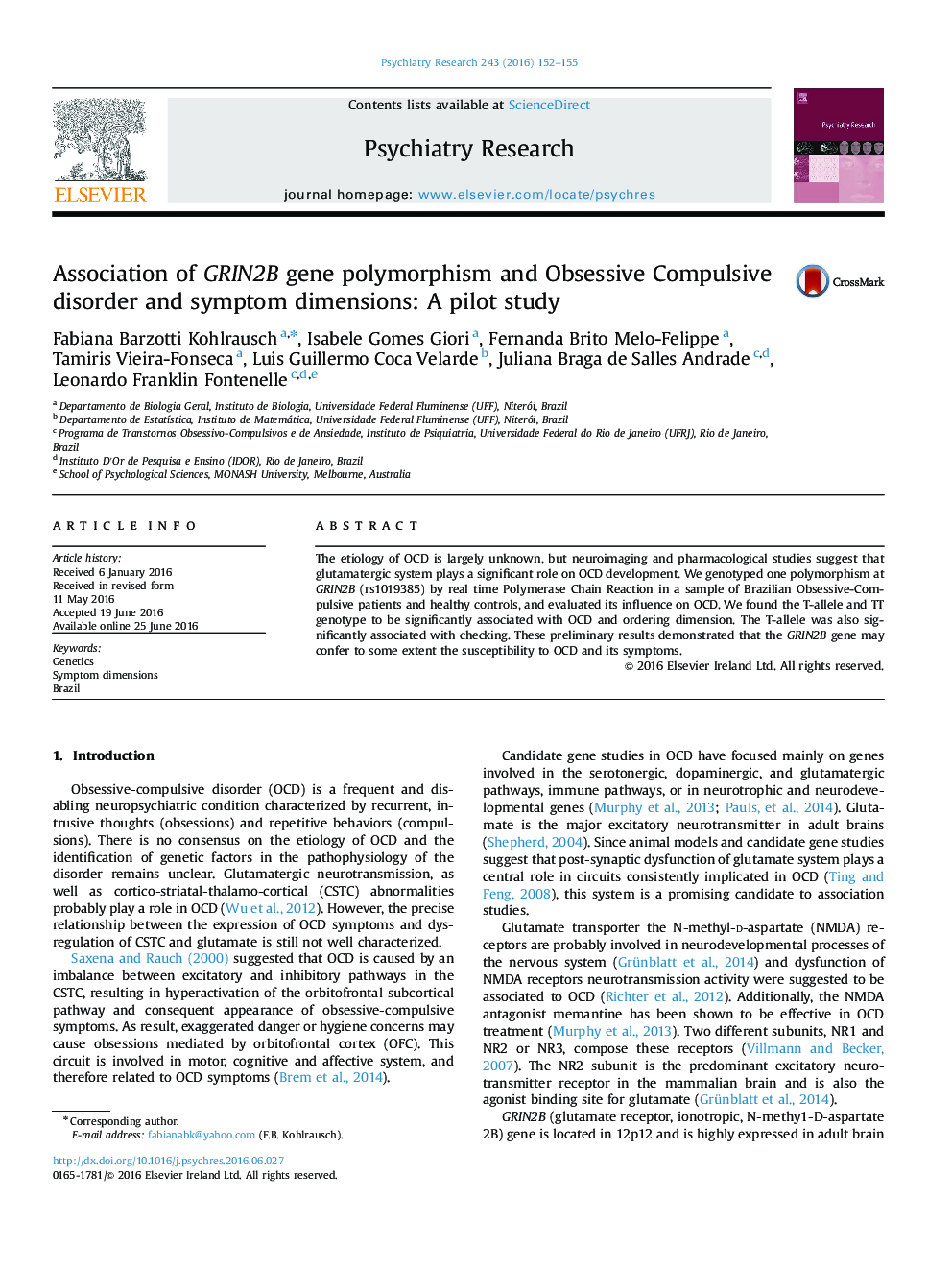 Association of GRIN2B gene polymorphism and Obsessive Compulsive disorder and symptom dimensions: A pilot study