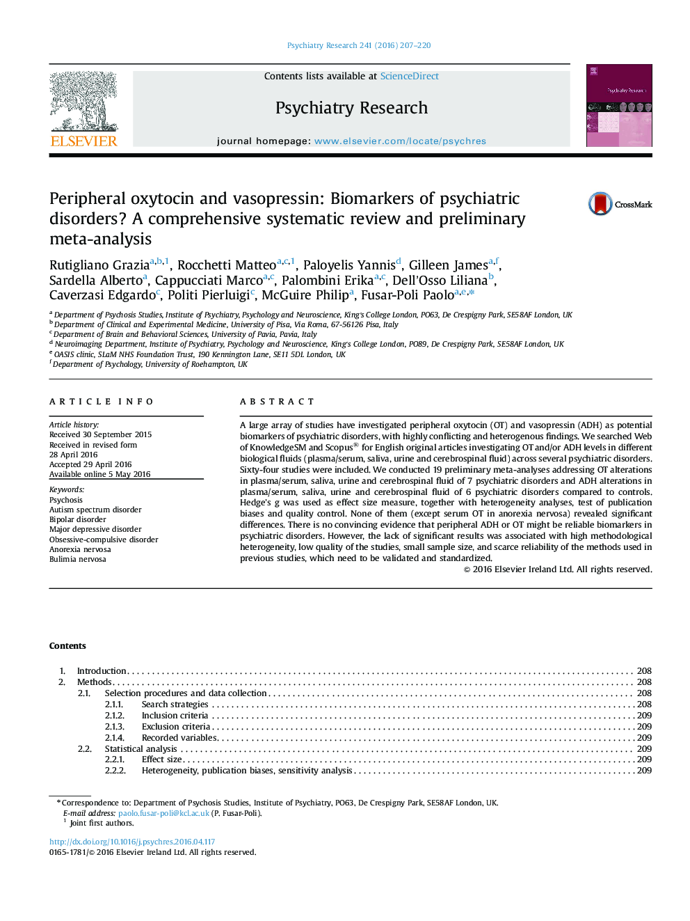 Peripheral oxytocin and vasopressin: Biomarkers of psychiatric disorders? A comprehensive systematic review and preliminary meta-analysis