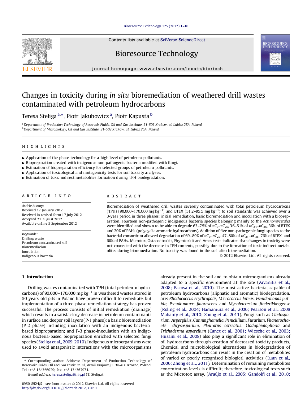 Changes in toxicity during in situ bioremediation of weathered drill wastes contaminated with petroleum hydrocarbons