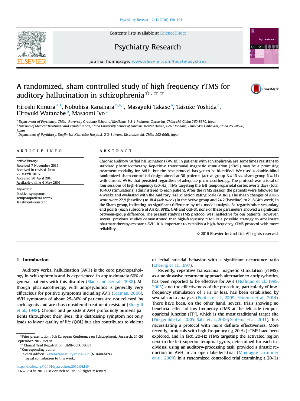 A randomized, sham-controlled study of high frequency rTMS for auditory hallucination in schizophrenia