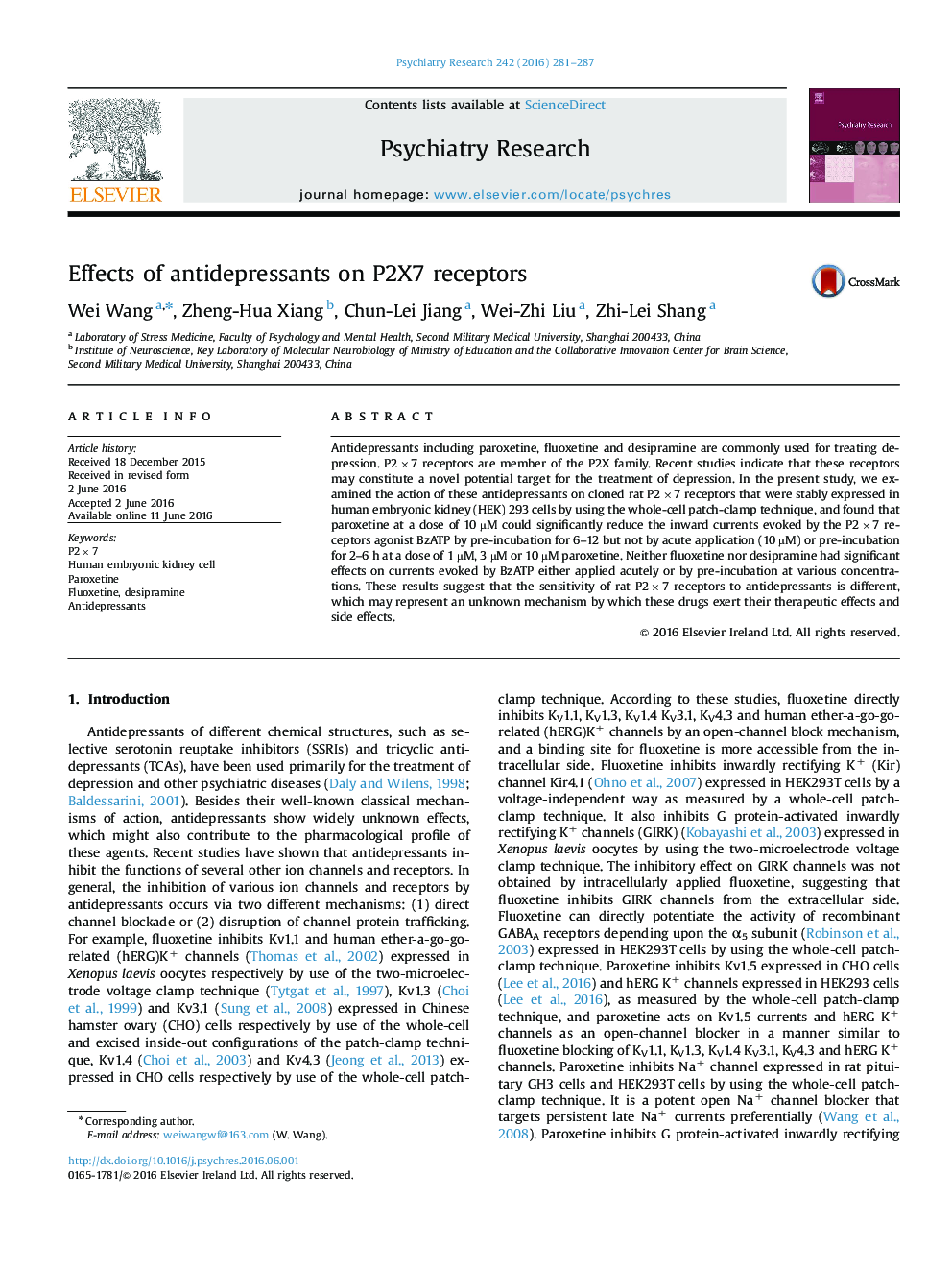 Effects of antidepressants on P2X7 receptors