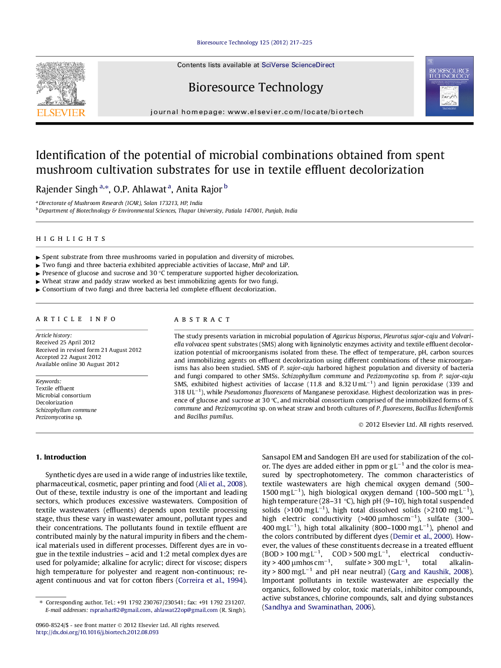 Identification of the potential of microbial combinations obtained from spent mushroom cultivation substrates for use in textile effluent decolorization