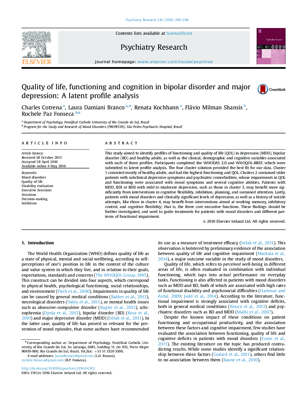 Quality of life, functioning and cognition in bipolar disorder and major depression: A latent profile analysis