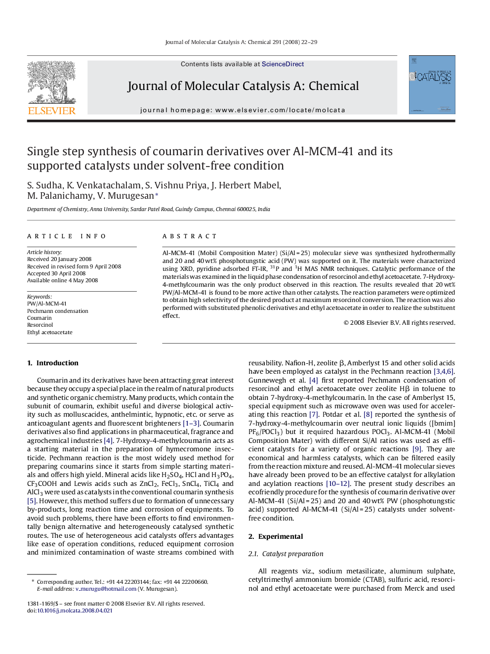 Single step synthesis of coumarin derivatives over Al-MCM-41 and its supported catalysts under solvent-free condition