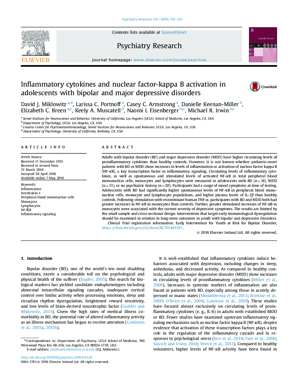 Inflammatory cytokines and nuclear factor-kappa B activation in adolescents with bipolar and major depressive disorders