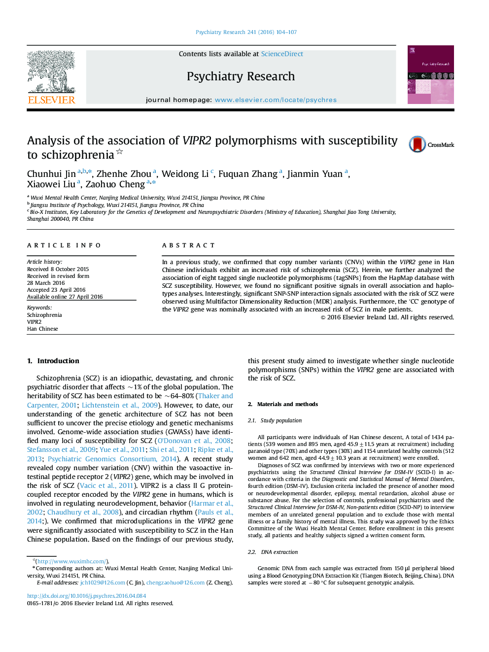 Analysis of the association of VIPR2 polymorphisms with susceptibility to schizophrenia