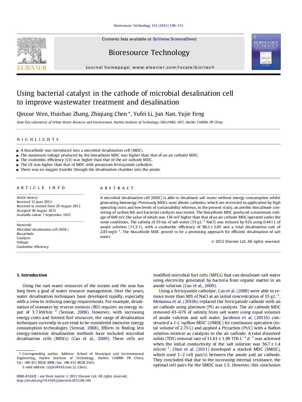 عکس صفحه اول مقاله: Using bacterial catalyst in the cathode of microbial desalination cell to improve wastewater treatment and desalination Using bacterial catalyst in the cathode of microbial desalination cell to improve wastewater treatment and desalination