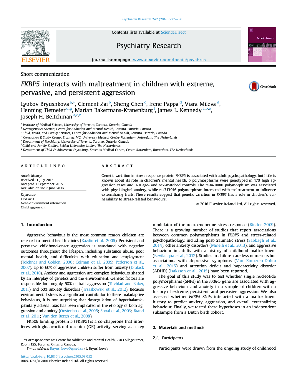 FKBP5 interacts with maltreatment in children with extreme, pervasive, and persistent aggression