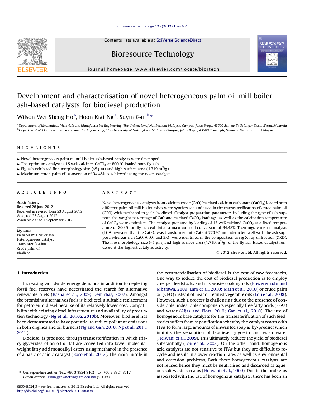 Development and characterisation of novel heterogeneous palm oil mill boiler ash-based catalysts for biodiesel production