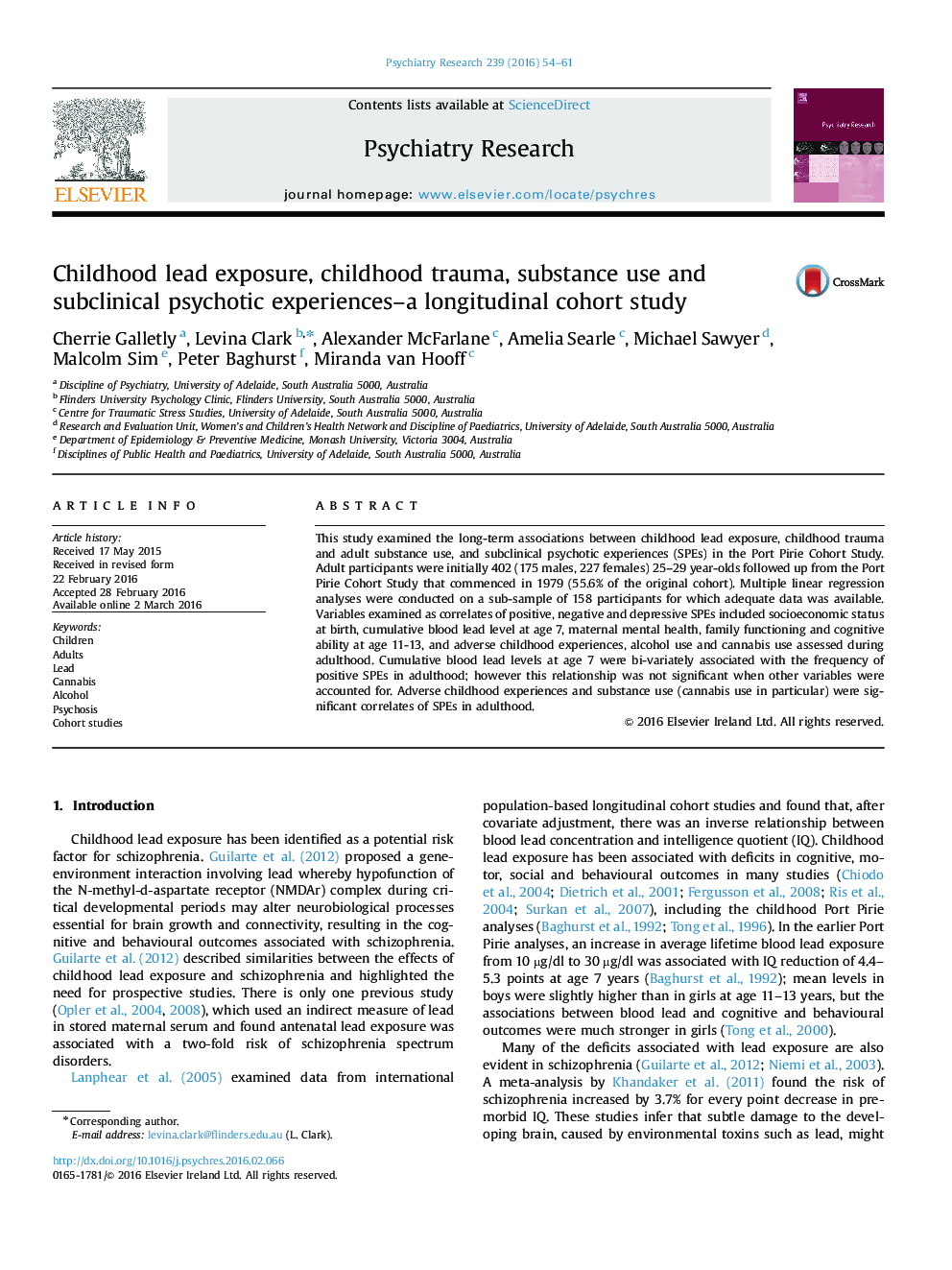 Childhood lead exposure, childhood trauma, substance use and subclinical psychotic experiences-a longitudinal cohort study