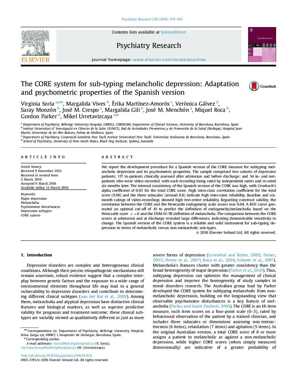 The CORE system for sub-typing melancholic depression: Adaptation and psychometric properties of the Spanish version