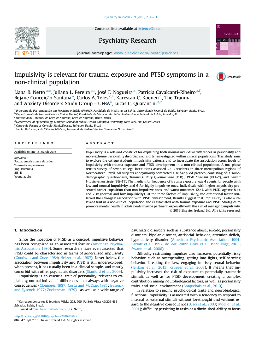 Impulsivity is relevant for trauma exposure and PTSD symptoms in a non-clinical population