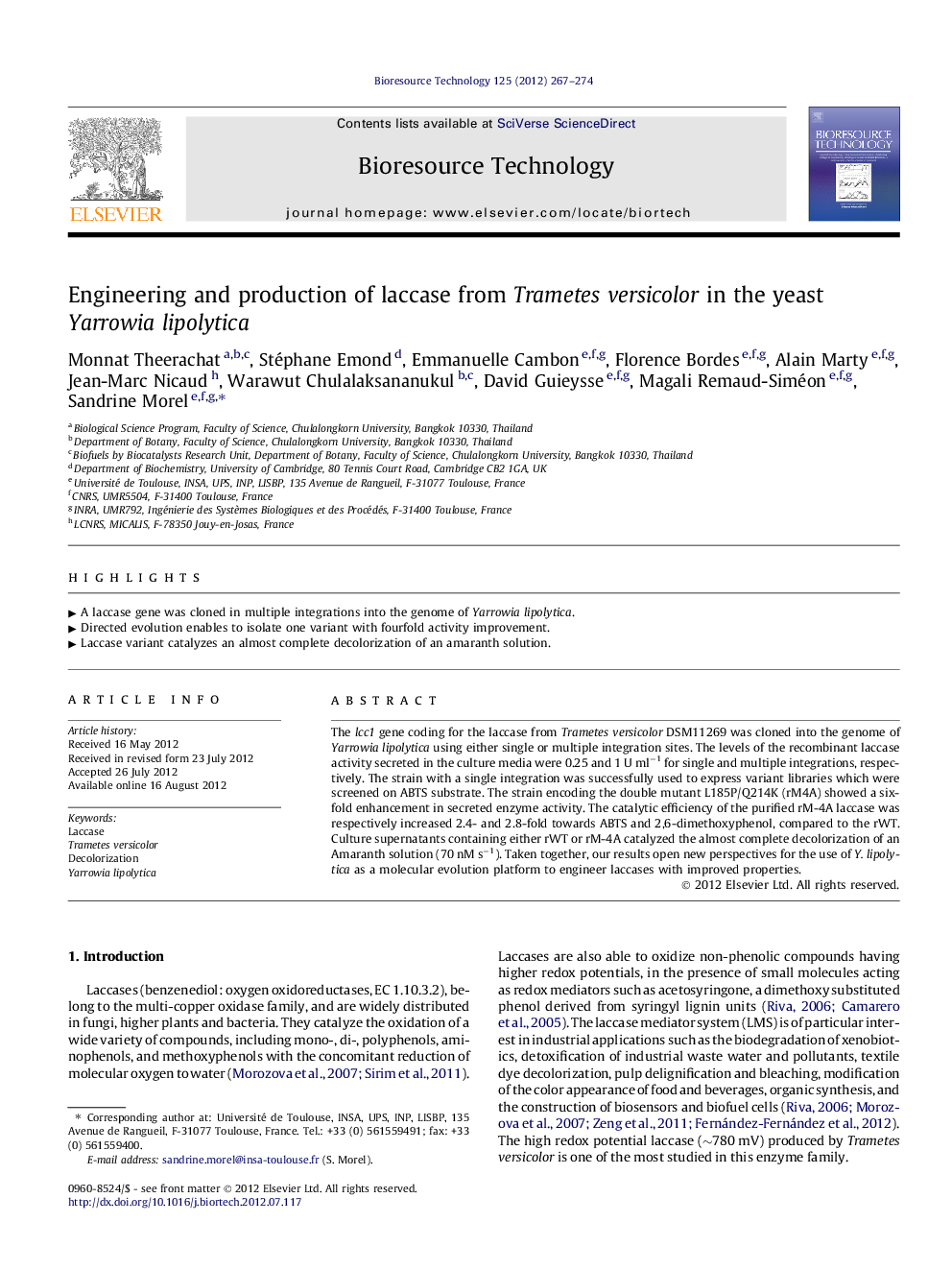 Engineering and production of laccase from Trametes versicolor in the yeast Yarrowia lipolytica