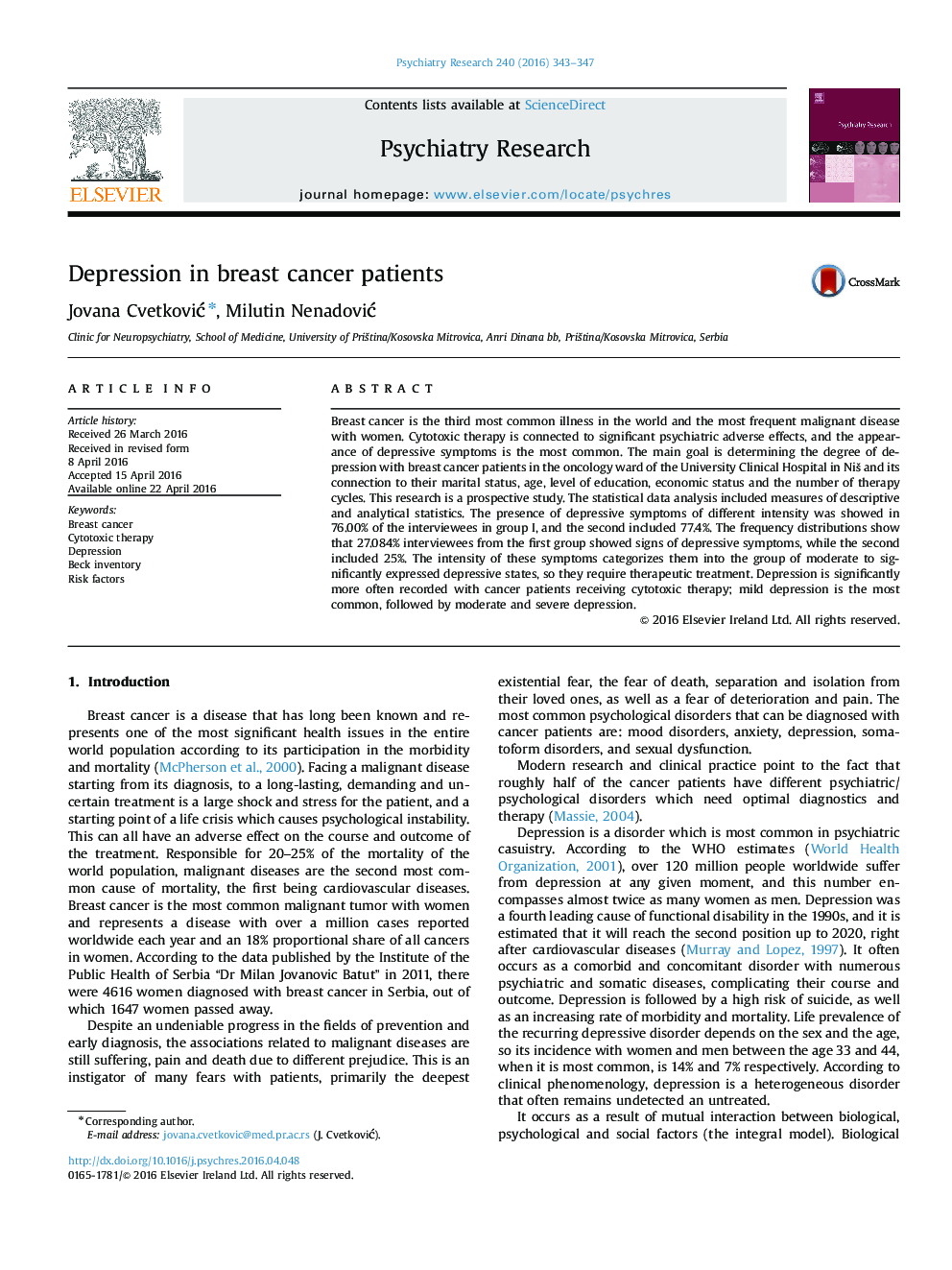 Depression in breast cancer patients