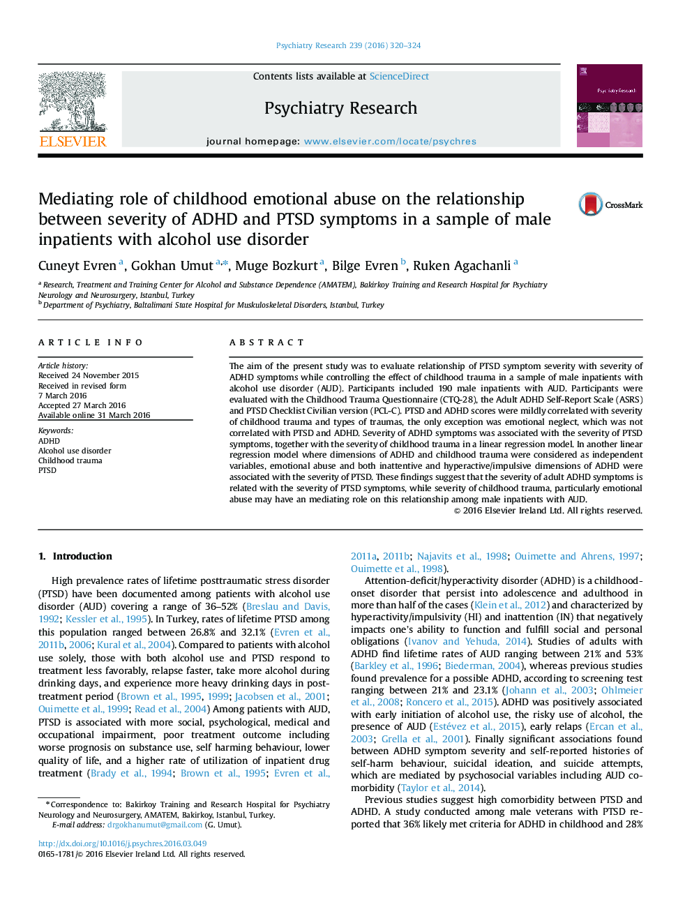 Mediating role of childhood emotional abuse on the relationship between severity of ADHD and PTSD symptoms in a sample of male inpatients with alcohol use disorder