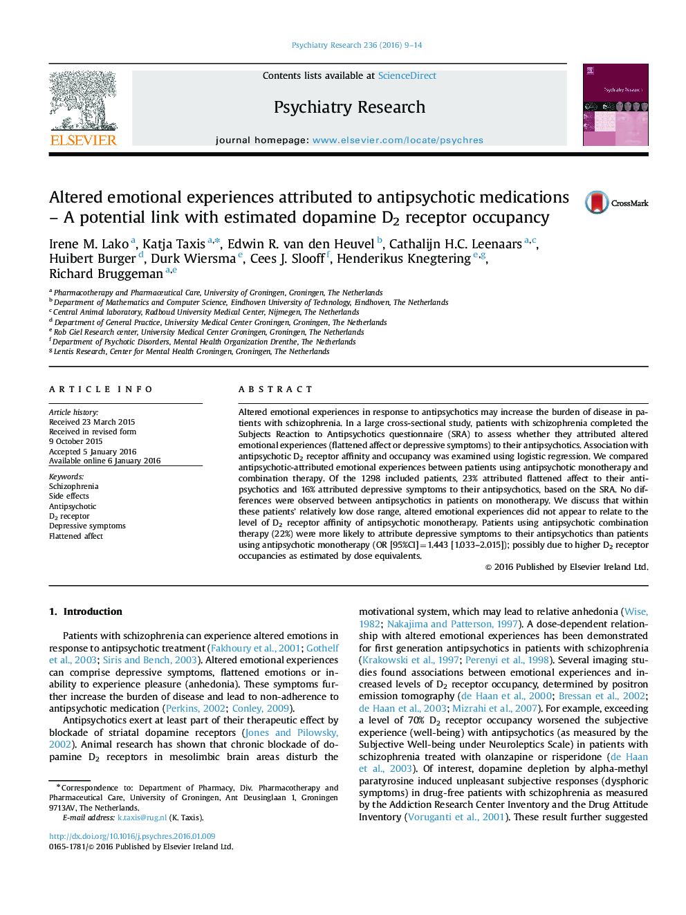 Altered emotional experiences attributed to antipsychotic medications - A potential link with estimated dopamine D2 receptor occupancy