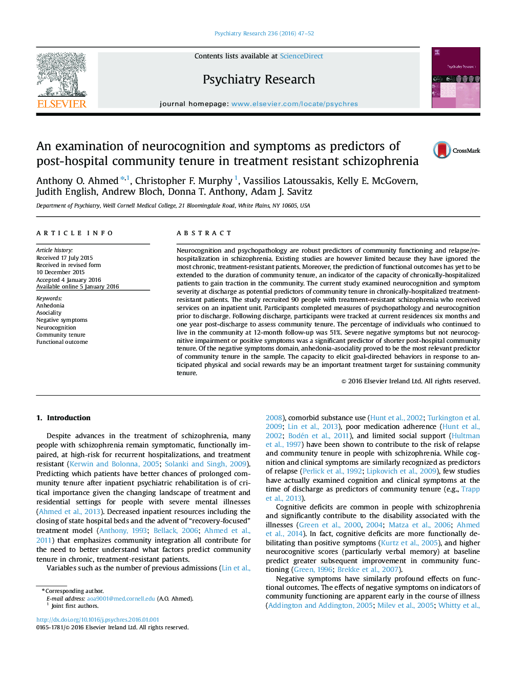 An examination of neurocognition and symptoms as predictors of post-hospital community tenure in treatment resistant schizophrenia