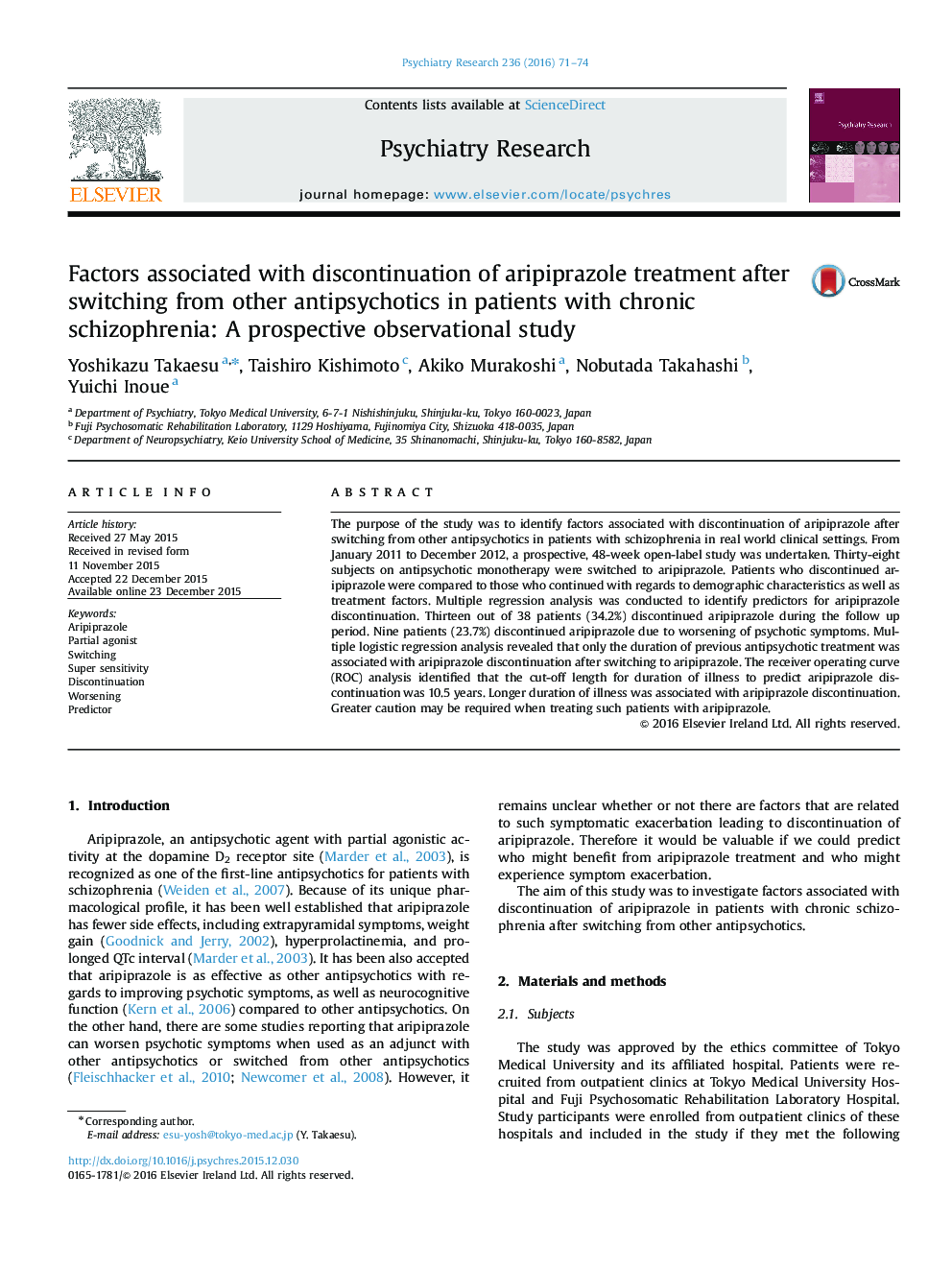 Factors associated with discontinuation of aripiprazole treatment after switching from other antipsychotics in patients with chronic schizophrenia: A prospective observational study