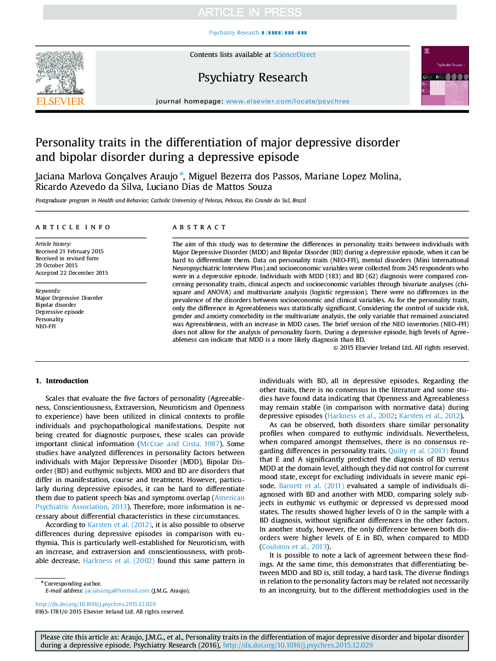 Personality traits in the differentiation of major depressive disorder and bipolar disorder during a depressive episode