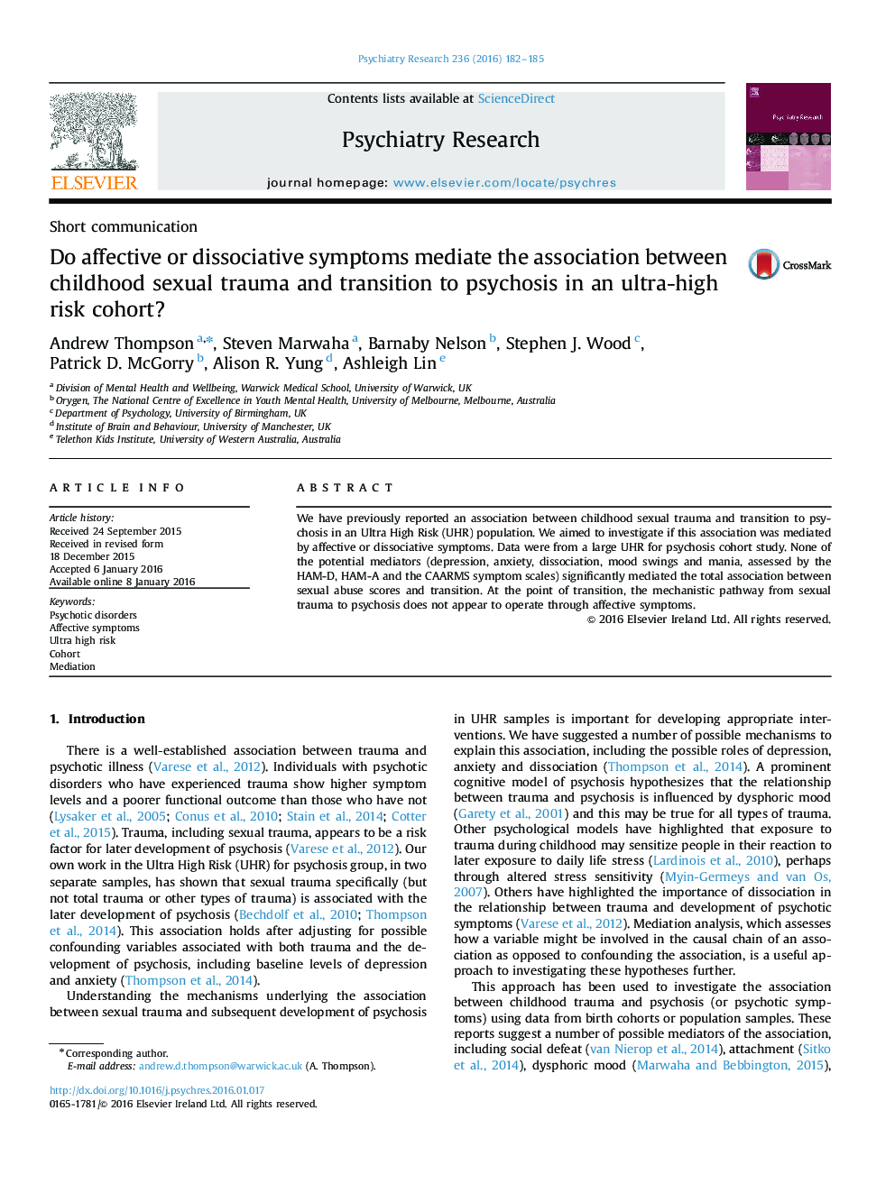 Do affective or dissociative symptoms mediate the association between childhood sexual trauma and transition to psychosis in an ultra-high risk cohort?