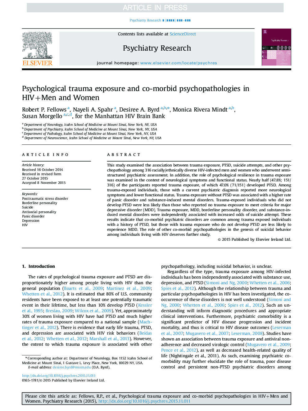 Psychological trauma exposure and co-morbid psychopathologies in HIV+men and women