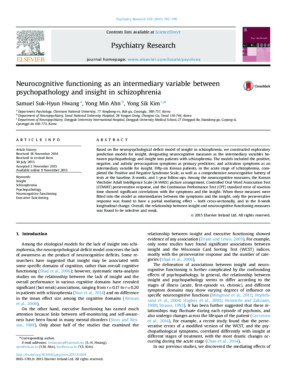 Neurocognitive functioning as an intermediary variable between psychopathology and insight in schizophrenia