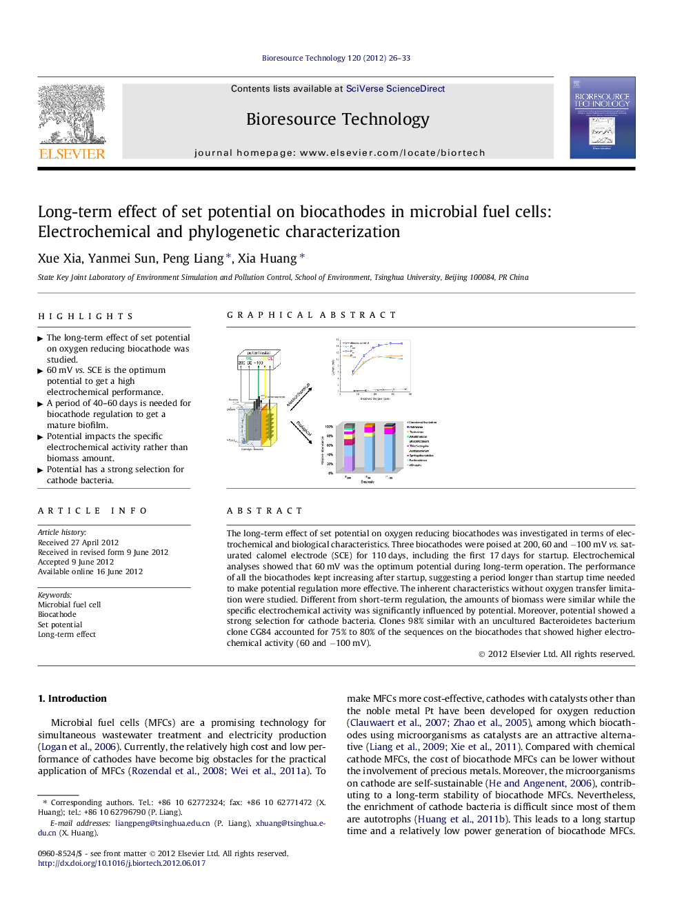 Long-term effect of set potential on biocathodes in microbial fuel cells: Electrochemical and phylogenetic characterization