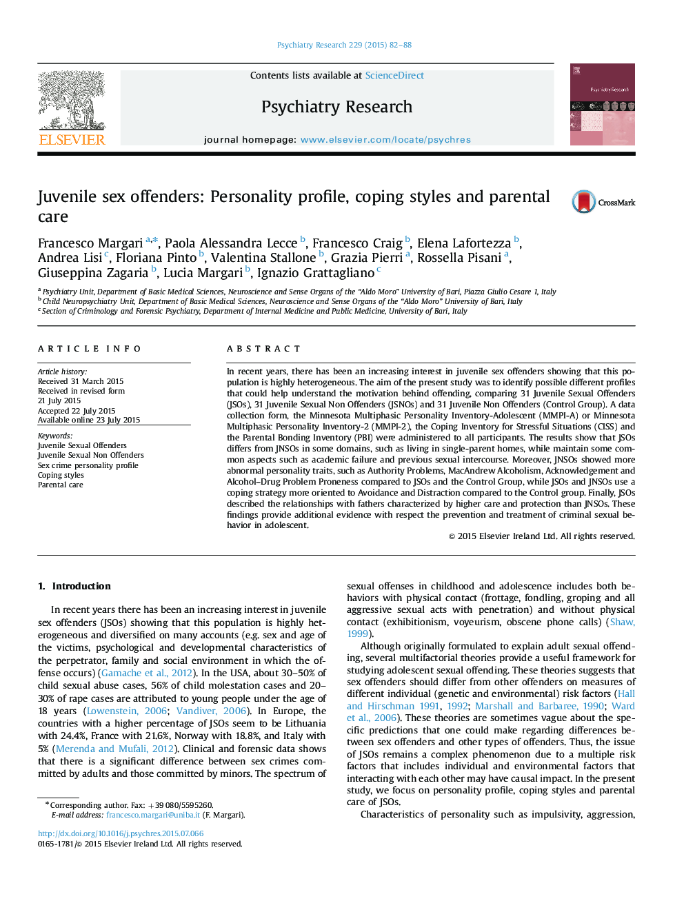 Juvenile sex offenders: Personality profile, coping styles and parental care