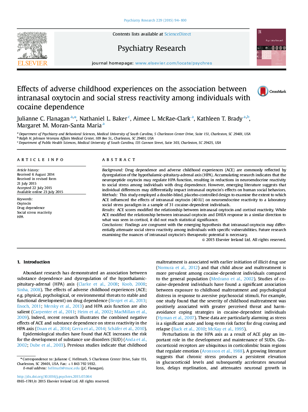 Effects of adverse childhood experiences on the association between intranasal oxytocin and social stress reactivity among individuals with cocaine dependence