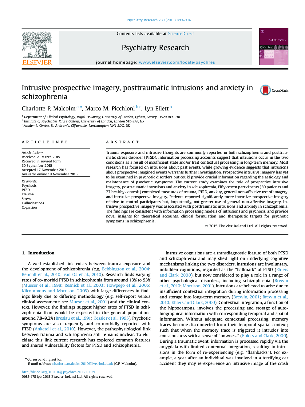 Intrusive prospective imagery, posttraumatic intrusions and anxiety in schizophrenia