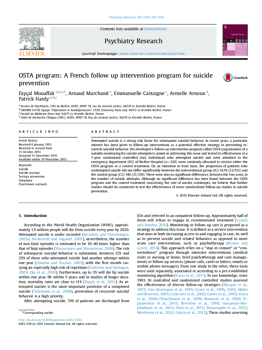 OSTA program: A French follow up intervention program for suicide prevention