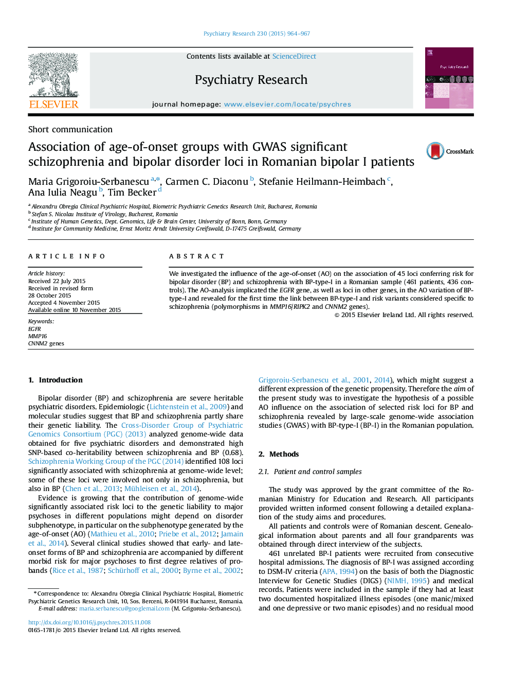 Association of age-of-onset groups with GWAS significant schizophrenia and bipolar disorder loci in Romanian bipolar I patients