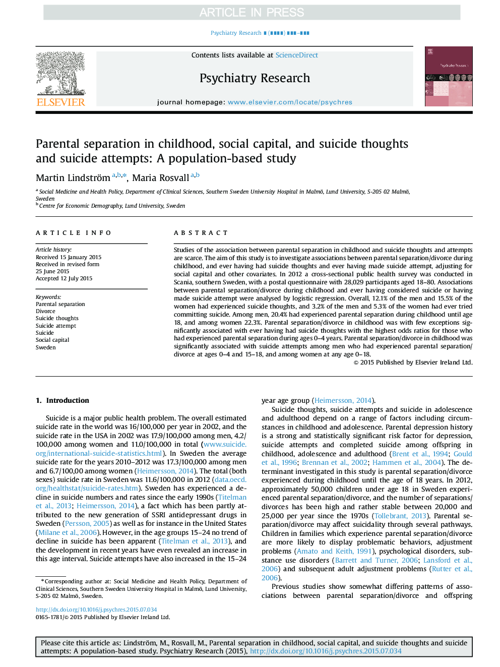 Parental separation in childhood, social capital, and suicide thoughts and suicide attempts: A population-based study