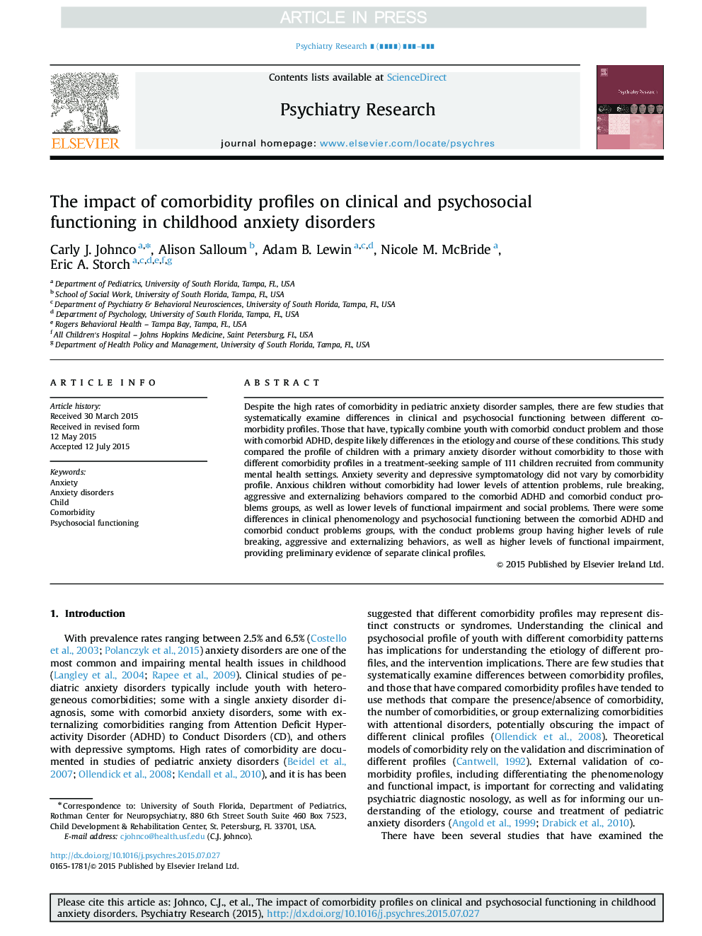 The impact of comorbidity profiles on clinical and psychosocial functioning in childhood anxiety disorders