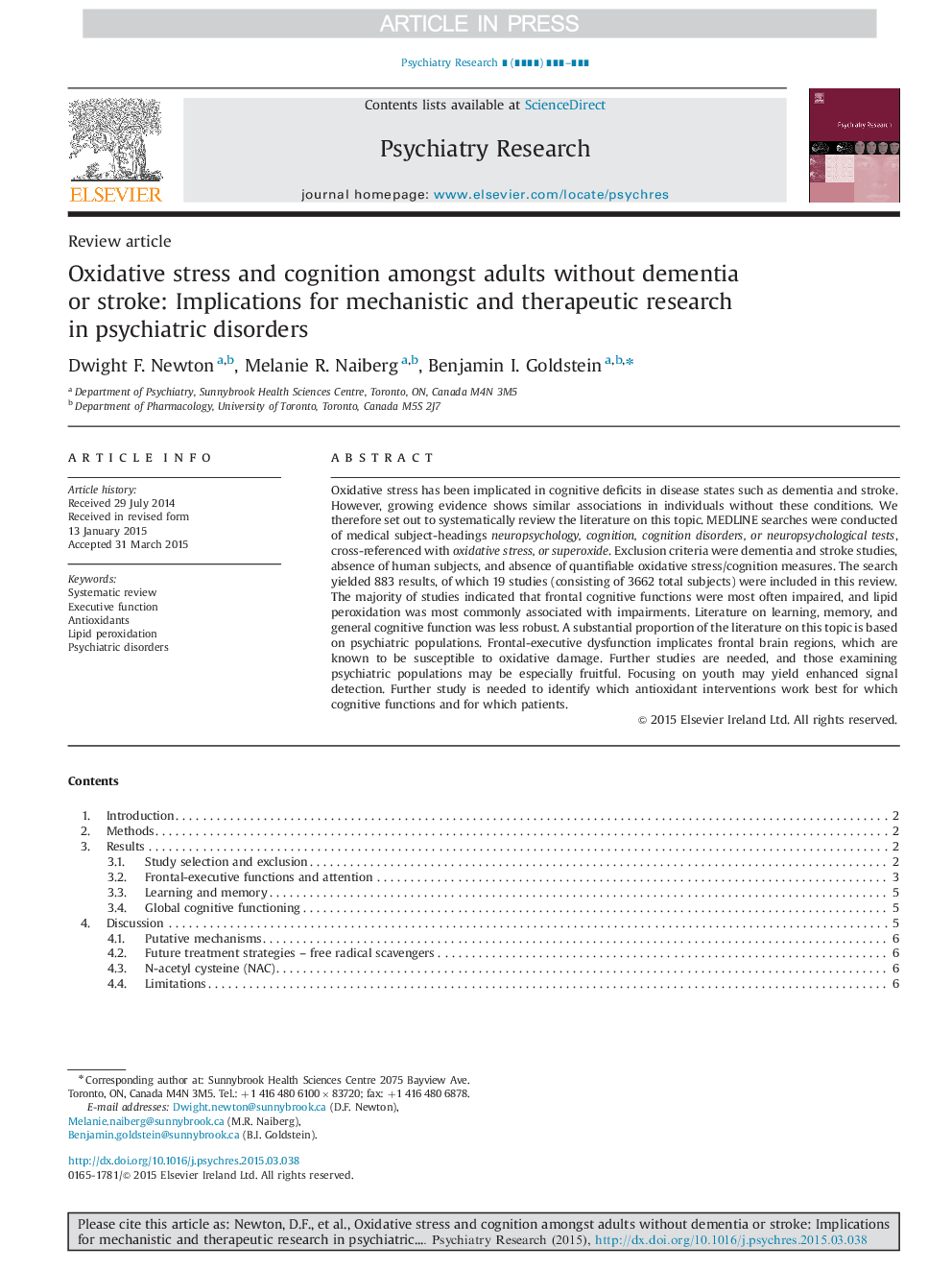 Oxidative stress and cognition amongst adults without dementia or stroke: Implications for mechanistic and therapeutic research in psychiatric disorders