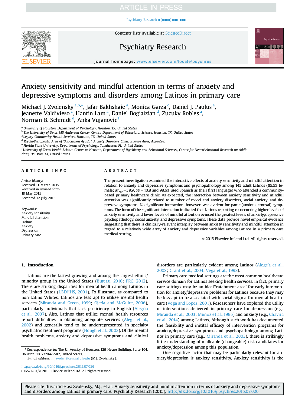 Anxiety sensitivity and mindful attention in terms of anxiety and depressive symptoms and disorders among Latinos in primary care